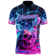 Load image into Gallery viewer, Custom Navy Sky Blue-Deep Pink 3D American Flag Splash Lightning Skull Bowling Performance Polo Shirt