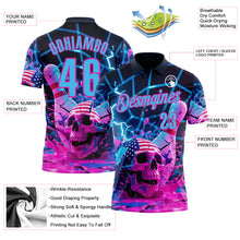 Load image into Gallery viewer, Custom Navy Sky Blue-Deep Pink 3D American Flag Splash Lightning Skull Bowling Performance Polo Shirt