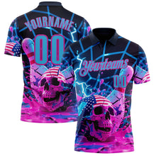 Load image into Gallery viewer, Custom Navy Sky Blue-Deep Pink 3D American Flag Splash Lightning Skull Bowling Performance Polo Shirt