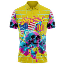 Загрузить изображение в средство просмотра галереи, Custom Gold Light Yellow-Deep Pink 3D American Flag Splash Lightning Skull Bowling Performance Polo Shirt