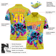 Загрузить изображение в средство просмотра галереи, Custom Gold Light Yellow-Deep Pink 3D American Flag Splash Lightning Skull Bowling Performance Polo Shirt