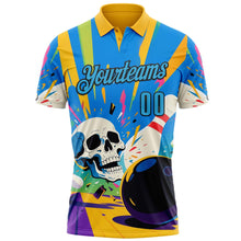 Load image into Gallery viewer, Custom Gold Sky Blue-Black 3D Splash Skull Bowling Performance Polo Shirt