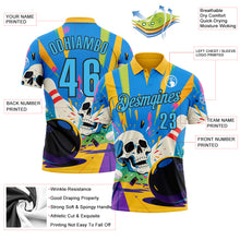 Load image into Gallery viewer, Custom Gold Sky Blue-Black 3D Splash Skull Bowling Performance Polo Shirt