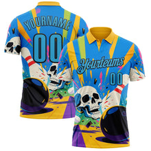 Load image into Gallery viewer, Custom Gold Sky Blue-Black 3D Splash Skull Bowling Performance Polo Shirt