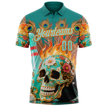 Загрузить изображение в средство просмотра галереи, Custom Blue Ice Blue-Bay Orange 3D Peacock Flame Skull Bowling Performance Polo Shirt