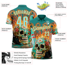 Загрузить изображение в средство просмотра галереи, Custom Blue Ice Blue-Bay Orange 3D Peacock Flame Skull Bowling Performance Polo Shirt