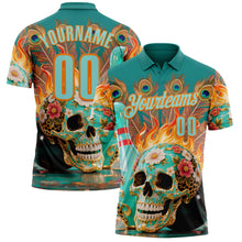 Загрузить изображение в средство просмотра галереи, Custom Blue Ice Blue-Bay Orange 3D Peacock Flame Skull Bowling Performance Polo Shirt