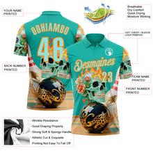Загрузить изображение в средство просмотра галереи, Custom Blue Ice Blue-Bay Orange 3D Floral Leopard Print Flame Skull Bowling Performance Polo Shirt