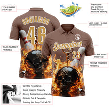 Laden Sie das Bild in den Galerie-Viewer, Custom Brown Old Gold-White 3D Flame Skull Bowling Performance Polo Shirt
