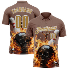 Laden Sie das Bild in den Galerie-Viewer, Custom Brown Old Gold-White 3D Flame Skull Bowling Performance Polo Shirt