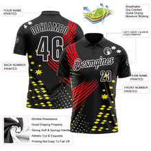 Load image into Gallery viewer, Custom Black Fire Red Light Yellow-White 3D Pattern Design Star And Geometric Shapes Performance Polo Shirt