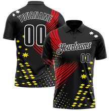 Load image into Gallery viewer, Custom Black Fire Red Light Yellow-White 3D Pattern Design Star And Geometric Shapes Performance Polo Shirt