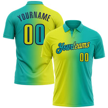 Laden Sie das Bild in den Galerie-Viewer, Custom Aqua Neon Yellow-Navy 3D Gradient Fashion Performance Polo Shirt