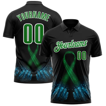 Custom Black Grass Green-White 3D Pattern Design Green Ribbon Liver Cancer Performance Polo Shirt