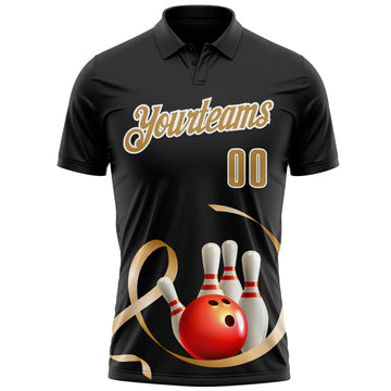 Custom Black Old Gold-White 3D Pattern Design Gold Ribbon Childhood Cancer Awareness Bowling Performance Polo Shirt