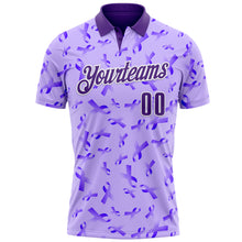 Laden Sie das Bild in den Galerie-Viewer, Custom Purple White 3D Pattern Design Purple Ribbon Gynecological Cancer Awareness Performance Polo Shirt