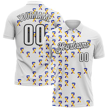 Laden Sie das Bild in den Galerie-Viewer, Custom White Black 3D Pattern Design Yellow Purple And Navy Ribbon Bladder Cancer Awareness Performance Polo Shirt