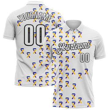 Custom White Black 3D Pattern Design Yellow Purple And Navy Ribbon Bladder Cancer Awareness Performance Polo Shirt