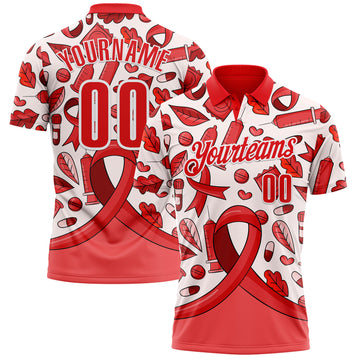 Custom Fire Red White 3D Pattern Design Red Ribbon Blood Cancer Cancer Awareness Performance Polo Shirt