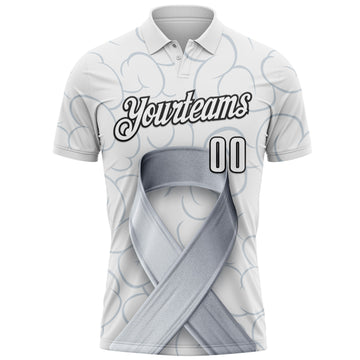 Custom White Black 3D Pattern Design Gray Ribbon Brain Cancer Cancer Awareness Performance Polo Shirt