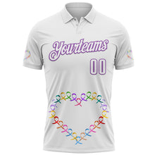Laden Sie das Bild in den Galerie-Viewer, Custom White Medium Purple 3D Pattern Design Ribbon Cancer Awareness World Cancer Day Performance Polo Shirt