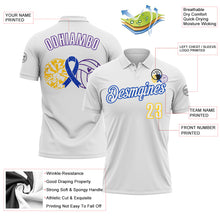 Laden Sie das Bild in den Galerie-Viewer, Custom White Yellow Thunder Blue-Purple 3D Pattern Design Dark Blue Ribbon Colorectal Cancer Awareness Colon Volleyball Performance Polo Shirt