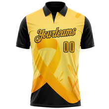 Laden Sie das Bild in den Galerie-Viewer, Custom Gold Black 3D Pattern Design Yellow Ribbon Bone Cancer Awareness Performance Polo Shirt