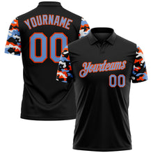 Laden Sie das Bild in den Galerie-Viewer, Custom Black Powder Blue Orange-White Digital Camo Two Tone Performance Polo Shirt
