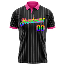Load image into Gallery viewer, Custom Black White Pinstripe Rainbow-Pink Performance Polo Shirt