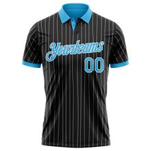 Laden Sie das Bild in den Galerie-Viewer, Custom Black White Pinstripe-Sky Blue Performance Polo Shirt
