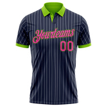 Load image into Gallery viewer, Custom Navy White Pinstripe Pink-Neon Green Performance Polo Shirt