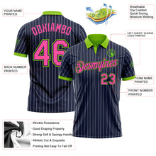 Load image into Gallery viewer, Custom Navy White Pinstripe Pink-Neon Green Performance Polo Shirt