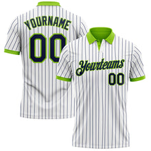 Laden Sie das Bild in den Galerie-Viewer, Custom White Navy Pinstripe-Neon Green Performance Polo Shirt
