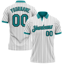 Load image into Gallery viewer, Custom White Black Pinstripe-Teal Performance Polo Shirt