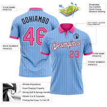 Laden Sie das Bild in den Galerie-Viewer, Custom Light Blue White Pinstripe Pink-Black Performance Polo Shirt