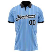 Laden Sie das Bild in den Galerie-Viewer, Custom Light Blue White Pinstripe-Black Performance Polo Shirt