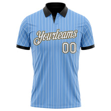 Laden Sie das Bild in den Galerie-Viewer, Custom Light Blue White Pinstripe Black-Old Gold Performance Polo Shirt