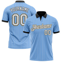 Laden Sie das Bild in den Galerie-Viewer, Custom Light Blue White Pinstripe Black-Old Gold Performance Polo Shirt