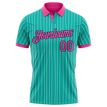 Load image into Gallery viewer, Custom Aqua White Pinstripe Pink-Navy Performance Polo Shirt