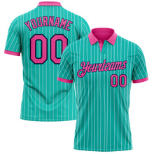Load image into Gallery viewer, Custom Aqua White Pinstripe Pink-Navy Performance Polo Shirt