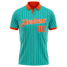 Load image into Gallery viewer, Custom Aqua White Pinstripe-Orange Performance Polo Shirt