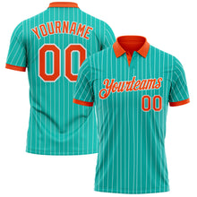 Load image into Gallery viewer, Custom Aqua White Pinstripe-Orange Performance Polo Shirt