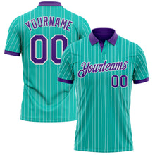 Laden Sie das Bild in den Galerie-Viewer, Custom Aqua White Pinstripe-Purple Performance Polo Shirt
