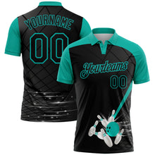 Charger l'image dans la galerie, Custom Black-Aqua Bowling Geometric Grid Performance Polo Shirt