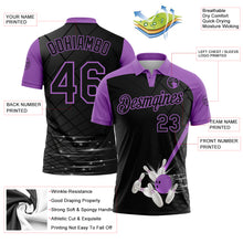 Laden Sie das Bild in den Galerie-Viewer, Custom Black-Medium Purple Bowling Geometric Grid Performance Polo Shirt