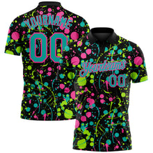 Load image into Gallery viewer, Custom Graffiti Pattern Aqua Black Pink-Neon Green Vibrant Multi-Color Abstract Splatter Performance Polo Shirt