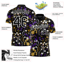 Load image into Gallery viewer, Custom Graffiti Pattern Black Purple Old Gold-White Vibrant Multi-Color Abstract Splatter Performance Polo Shirt