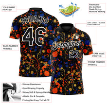 Load image into Gallery viewer, Custom Graffiti Pattern Black Royal Orange Old Gold-White Vibrant Multi-Color Abstract Splatter Performance Polo Shirt