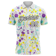 Загрузить изображение в средство просмотра галереи, Custom Graffiti Pattern White Medium Purple Ice Blue Light Yellow-Black Vibrant Multi-Color Abstract Splatter Performance Polo Shirt