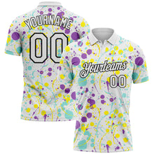 Загрузить изображение в средство просмотра галереи, Custom Graffiti Pattern White Medium Purple Ice Blue Light Yellow-Black Vibrant Multi-Color Abstract Splatter Performance Polo Shirt
